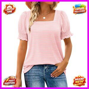 Summer Square Neck Ruffle Sleeve T-Shirt Loose Fit Polyester Spandex Blouse
